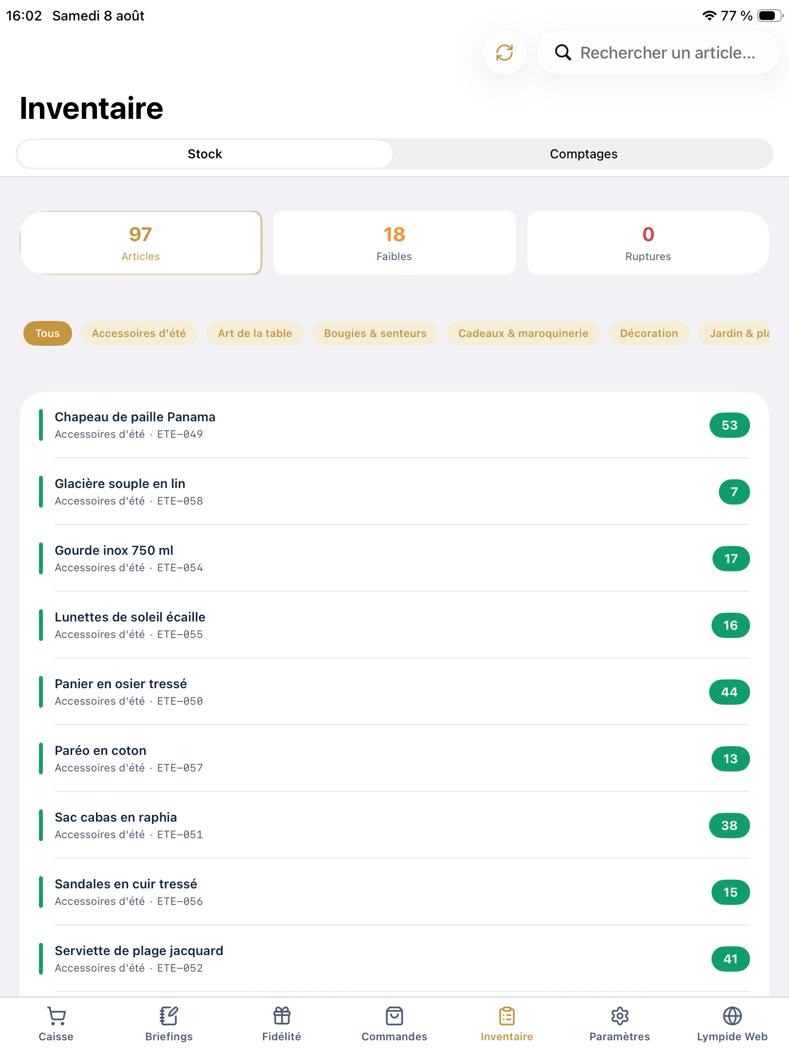L'inventaire Lympide sur iPad : compteurs articles, faibles et ruptures, puis la liste des références avec leur stock.